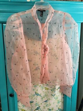 Forever 21 pink sheer blouse polka dot  puff sleeves tie neck girly retro office